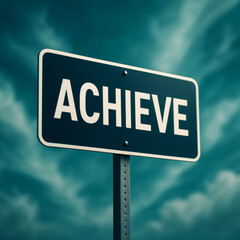 Obraz premium Achieve Your Goals, Inspirational Road Sign Against Stunning Teal Sky, Motivational Success Concept, High Detail Focus, Dream Big Journey