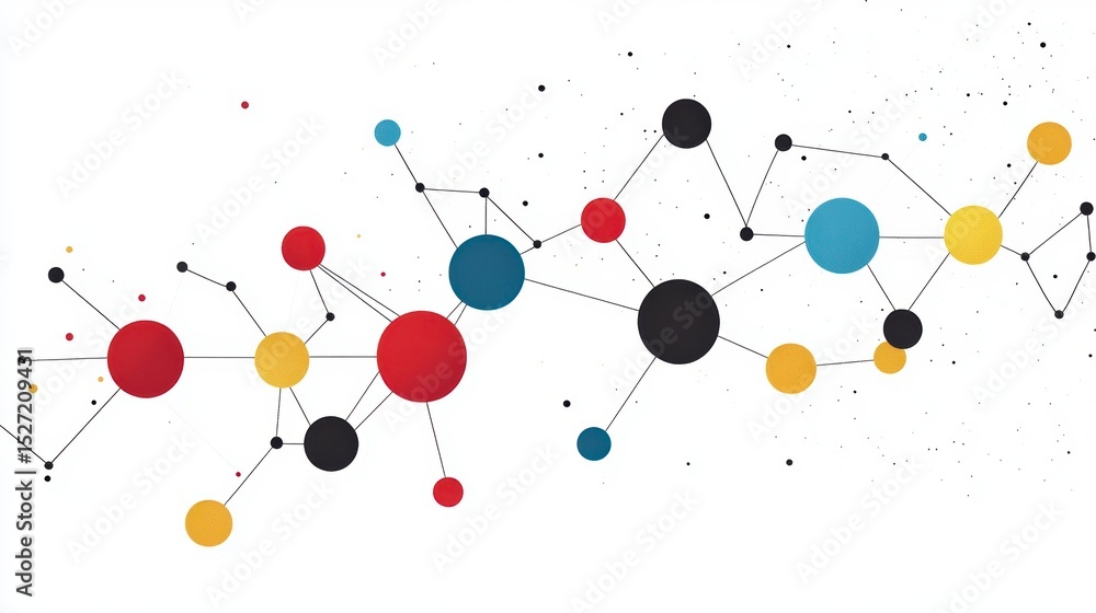 Poster abstract network connection graphic with colorful nodes and lines on white background.