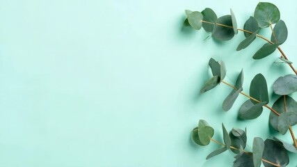 Top-down view of eucalyptus branches with rounded green leaves against a smooth, pastel turquoise surface; natural and minimal style. - Powered by Adobe
