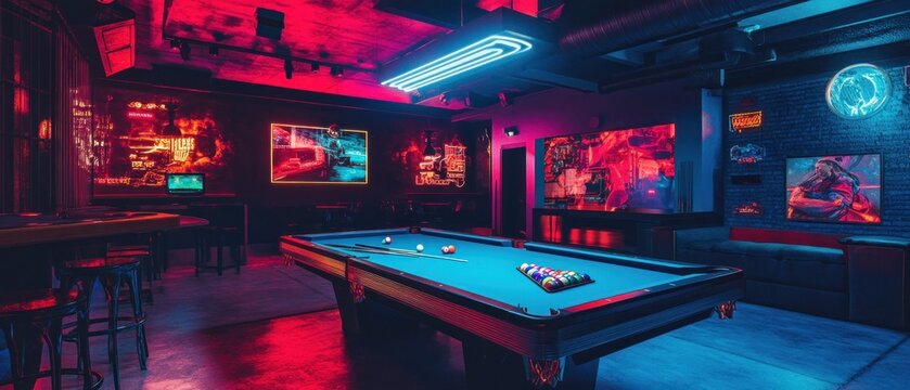 Vibrant pool hall illuminated by neon lights with modern decor