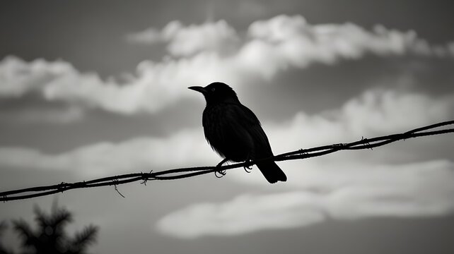 Monochrome silhouette of a bird on a wire