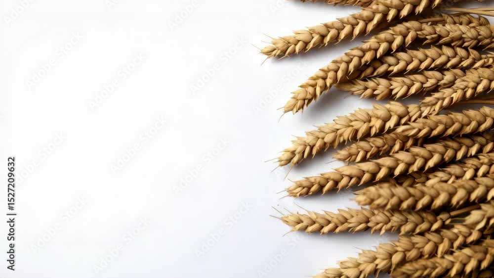 Poster wheat stalks in a row arranged on a white surface creating an organic texture for background visuals