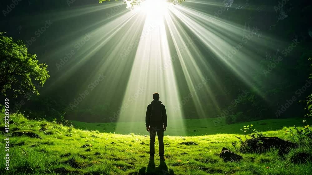 Poster man standing in field with sunlight shining through trees illuminating his figure and surroundings