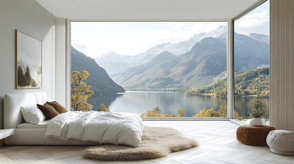 serene bedroom with panoramic view of mountains and lake, creating peaceful atmosphere