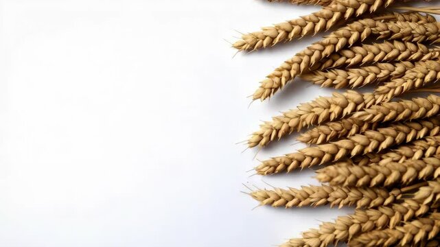 Wheat stalks in a row arranged on a white surface creating an organic texture for background visuals.