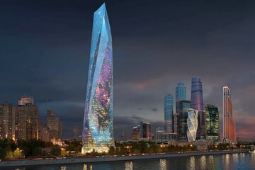 Modern Glass Skyscraper in Cityscape at Night