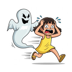 Obraz premium Scared girl running from ghost. vector