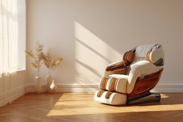Modern massage chair in a bright, serene interior with soft sunlight illuminating the space, enhancing relaxation and comfort in a minimalist design aesthetic.
