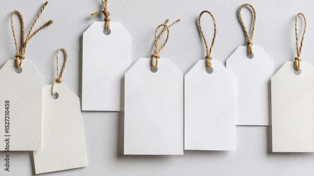 Poster several blank white labels with looped twine strings arranged on a light grey surface, ready for cus