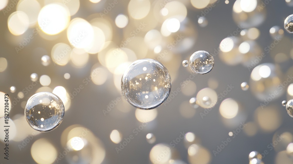 Poster abstract image of floating transparent spheres with bokeh lights in the background.