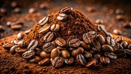 A heap of roasted coffee beans is surrounded by ground coffee, creating a rich, aromatic scene.