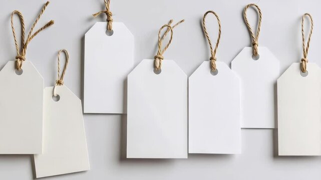 Several blank white labels with looped twine strings arranged on a light grey surface, ready for customized text or product information.