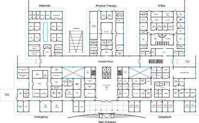 vector illustration of architectural design of modern hospital floor plan for public service