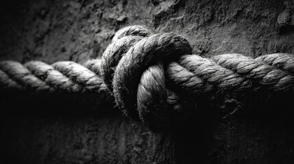 Fototapeta premium a figure-eight knot in thick rope, suspended mid-air against a gritty concrete wall