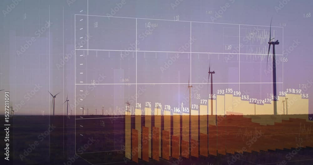 Poster sun lowering initiating grid overlaying scene, turbines raising bars visualizing power output data