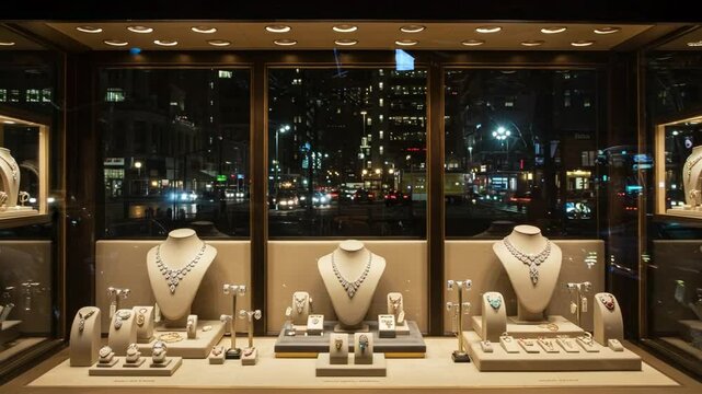Elegant jewelry display in a city storefront at night