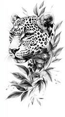 Obraz premium Monochrome jaguar portrait with leaves