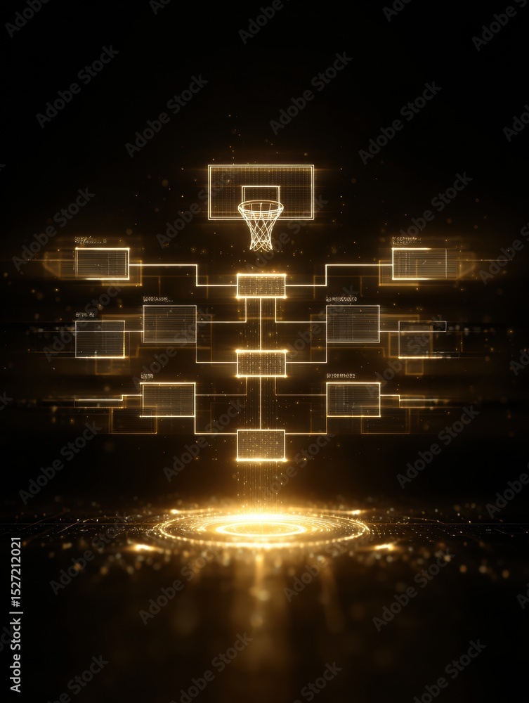 Poster basketball bracket chart floating in glowing cyberspace with clean top third background for digital 