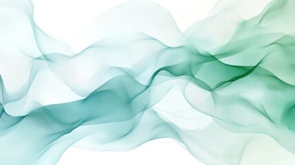 Fototapeta premium Abstract flowing, soft, translucent, teal, and green fabric or smoke-like shapes on white background.