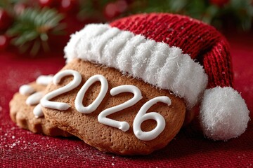 Decorated gingerbread with 2026 text . Santa's New Year's hat.