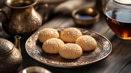 Close-up of Eid sweets and tea on golden tray.