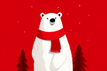 illustrator of White bear and scarf on red background with copy space. Winter shopping and holidays concept.