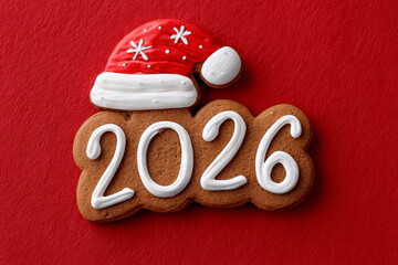 Decorated gingerbread with 2026 text . Santa's New Year's hat.