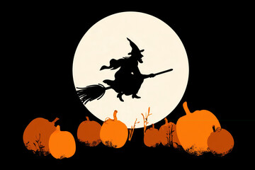 illustrator of a witch flying on a broomstick across a full moon with pumpkin Halloween.