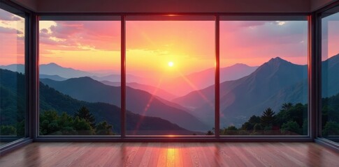Open-plan space, large windows frame breathtaking sunrise over mountains, glass, bright