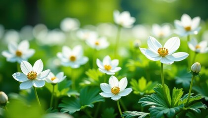 Numerous white anemones in full bloom, vibrant green foliage, anemone, photography