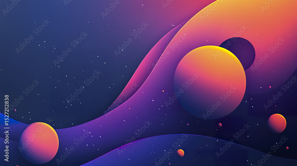 Poster vibrant abstract design featuring colorful planets and waves in cosmic background