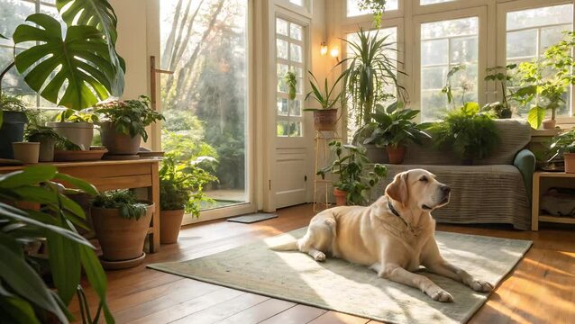 Dog resting on rug in sunroom filled with plants and sunlight