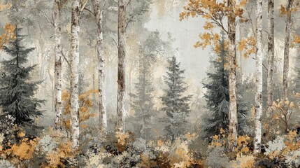 106.A repeating woodland scene with a mix of deciduous and evergreen trees, textured bark, and leafy bushes, all rendered in intricate detail with soft natural tones.