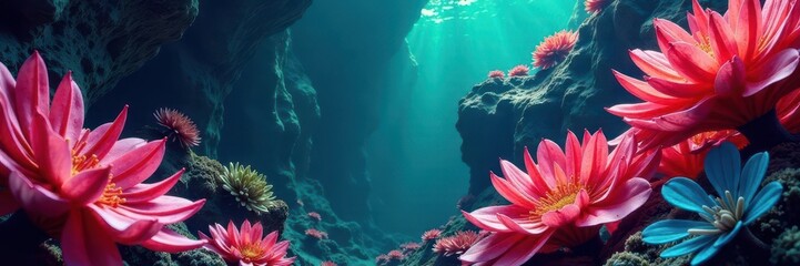 Vibrant, swirling coral forms, abstract textures, deep blues and greens , submarine, organic, digital