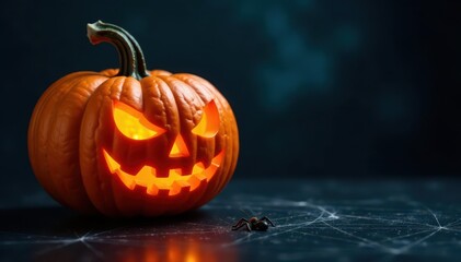 Vibrant orange pumpkin with spiderwebs on dark background, texture, scary