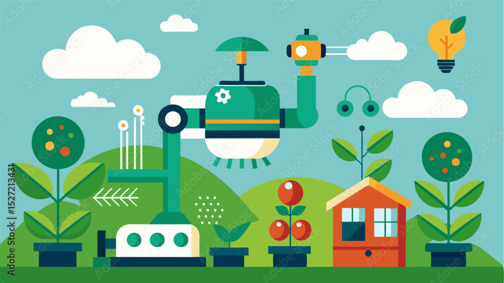 Poster an illustration of the potential benefits of automated greenhouse fertilization on a global scale wi