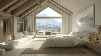 serene bedroom interior featuring earth tones, large windows, and mountain views