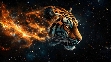 A tiger's profile against a vibrant nebula.
