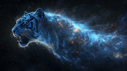 A blue tiger in a cosmic nebula.