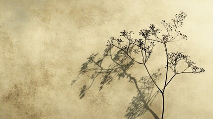 81.A delicate dry plant with intricate, skeletal leaves casting faint shadows on a textured beige backdrop, conveying a sense of quiet elegance.