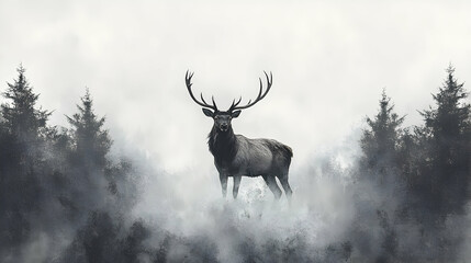 Majestic stag amidst a misty forest.