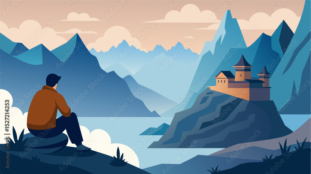 Poster deep in thought the digital nomad gazes out at the misty mountains surrounding the remote monastery 
