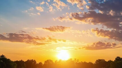 Brilliant golden sunlight streaking across blue skies and light cumulus clouds at sunrise over a silhouetted treeline - Powered by Adobe