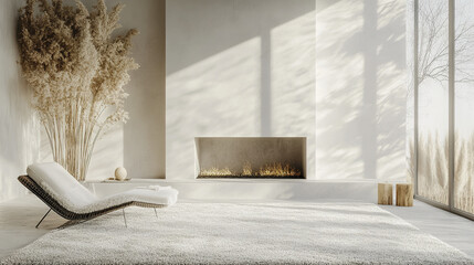 serene and modern interior featuring cozy lounge chair, fireplace, and soft textures