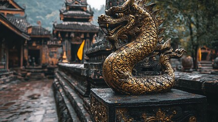 Obraz premium Golden dragon statue in ancient temple
