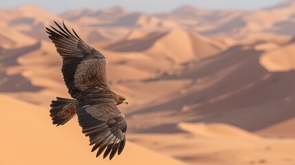 Golden eagle soaring above sand dunes