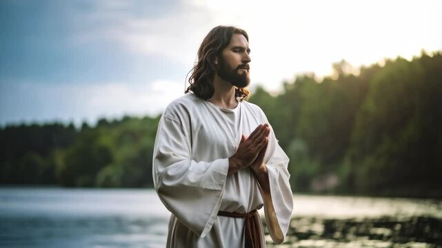 Man with long hair and beard wearing white robe standing knee-deep in the serene waters of a lake with forest backdrop, hands clasped in prayer