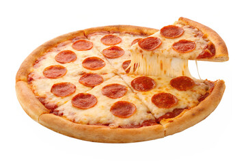 Pepperoni pizza slice pulled with cheese isolated on transparent background