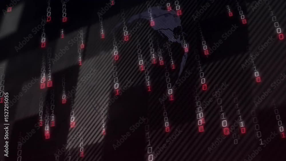 Poster binary digits streaming down initiating globe emergence and rotating visualizing global data flow