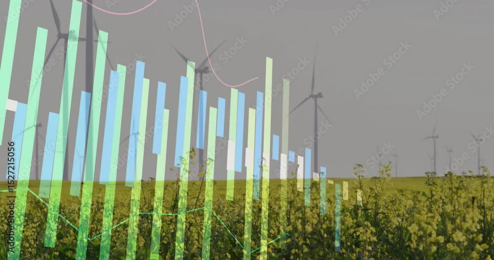 Poster after one second bars fading in and green line connecting pink curve weaving over rapeseed field
